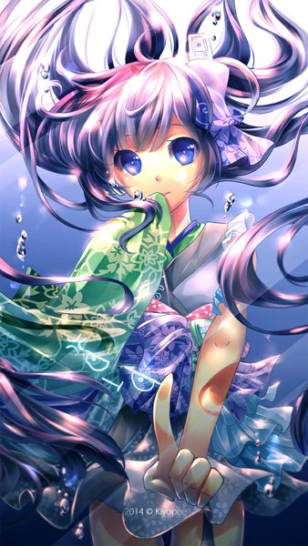 Anime picture 640x1136 with original tojikomete mita (original) kiyopee single long hair tall image blue eyes smile purple hair traditional clothes sunlight underwater girl bow bubble (bubbles)