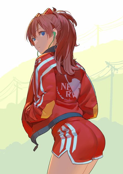 Anime picture 708x1000 with neon genesis evangelion gainax soryu asuka langley hks (timbougami) single long hair tall image looking at viewer fringe blue eyes light erotic hair between eyes brown hair standing ahoge ass outdoors looking back clothes writing hands in pockets