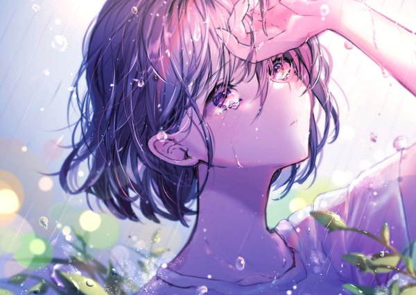 Anime picture 1748x1240 with original beni ttt single fringe highres short hair hair between eyes purple eyes purple hair upper body parted lips arm up tears lens flare looking up rain hand on head girl plant (plants) leaf (leaves)