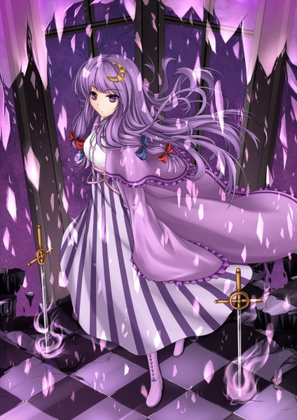 Anime picture 1200x1696 with touhou patchouli knowledge cloudy.r single long hair tall image purple eyes purple hair checkered floor destruction girl dress bow weapon sword