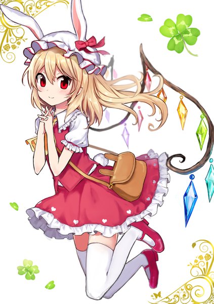 Anime picture 2039x2894 with touhou flandre scarlet yada (xxxadaman) single long hair tall image looking at viewer blush fringe highres blonde hair smile hair between eyes red eyes white background animal ears full body tail animal tail short sleeves