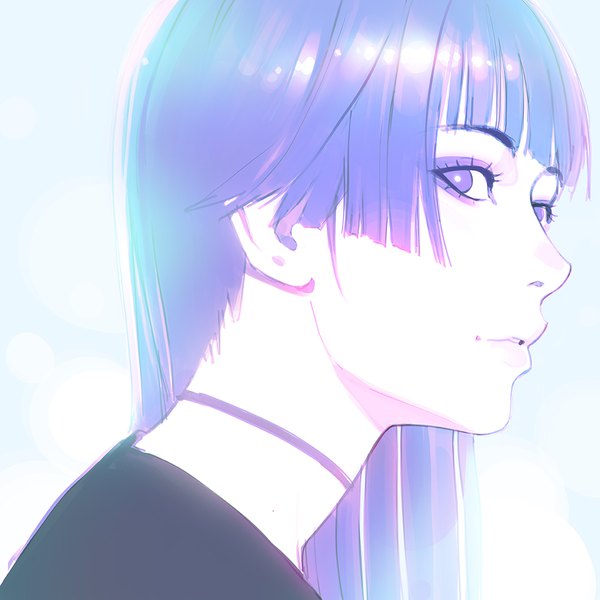 Anime picture 1080x1080 with original ilya kuvshinov single long hair looking at viewer fringe purple eyes purple hair blunt bangs parted lips profile lips realistic gradient background close-up face girl choker