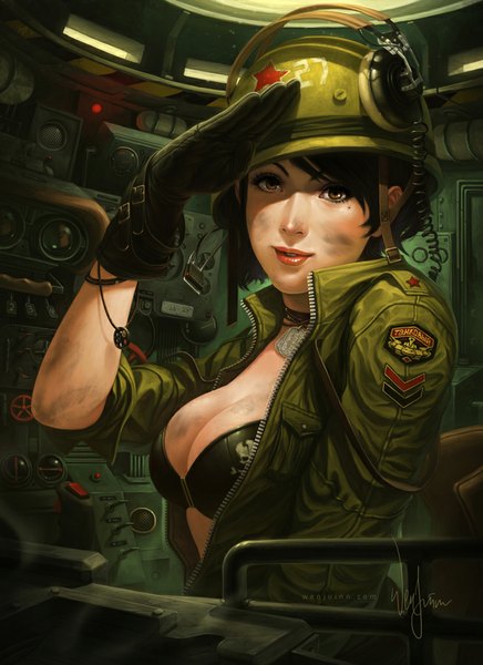 Anime picture 654x900 with original poibuts single tall image looking at viewer short hair breasts light erotic black hair lips mole orange eyes mole under eye salute girl gloves uniform headphones military uniform