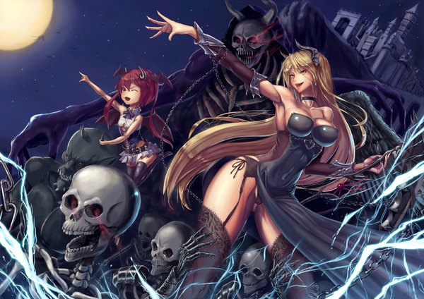 Anime picture 2000x1414 with original zgwg highres breasts open mouth light erotic blonde hair red eyes yellow eyes red hair one eye closed horn (horns) wink night skeleton lightning girl thighhighs dress underwear