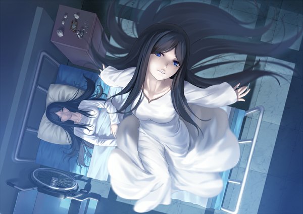 Anime picture 1000x707 with kara no kyoukai type-moon fujou kirie tsukikanade long hair looking at viewer blue eyes black hair multiple girls lying eyes closed dual persona girl dress 2 girls bed