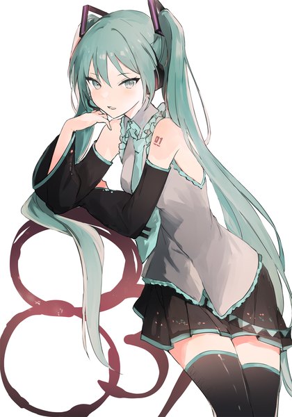 Anime picture 1120x1600 with vocaloid hatsune miku lpip single long hair tall image looking at viewer fringe simple background hair between eyes white background twintails pleated skirt aqua eyes aqua hair zettai ryouiki dated girl thighhighs skirt