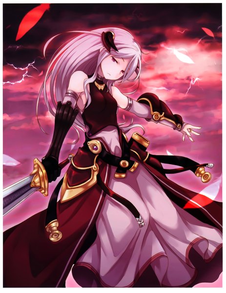 Anime picture 4156x5380 with million arthur (series) kaku-san-sei million arthur square enix ayakura juu single long hair tall image highres red eyes absurdres white hair horn (horns) scan girl dress weapon detached sleeves sword feather (feathers)