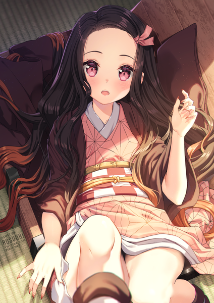 Anime picture 800x1131 with kimetsu no yaiba ufotable kamado nezuko rosuuri single long hair tall image looking at viewer blush fringe open mouth black hair signed traditional clothes japanese clothes pink eyes multicolored hair fingernails from above wide sleeves