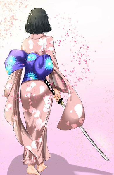 Anime picture 690x1060 with kara no kyoukai type-moon ryougi shiki exwheel single tall image short hair black hair traditional clothes japanese clothes barefoot from behind wide sleeves gradient background walking girl weapon petals sword katana