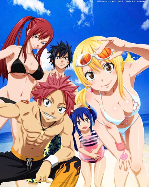 Anime picture 1000x1258 with fairy tail lucy heartfilia erza scarlet natsu dragneel gray fullbuster wendy marvell skycreed long hair tall image blush short hair breasts open mouth light erotic black hair blonde hair smile large breasts twintails multiple girls