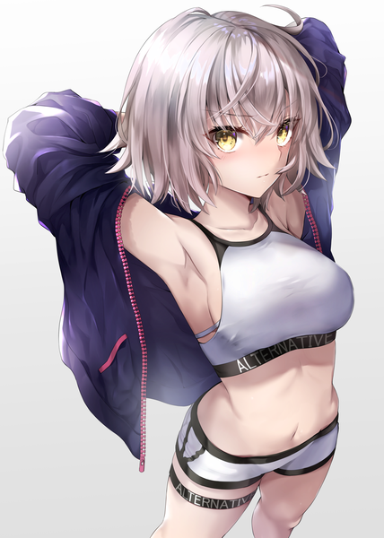 Anime picture 2918x4093 with fate (series) fate/grand order jeanne d'arc (fate) (all) jeanne d'arc alter (fate) hane yuki single tall image looking at viewer blush fringe highres short hair breasts light erotic simple background hair between eyes large breasts standing yellow eyes silver hair