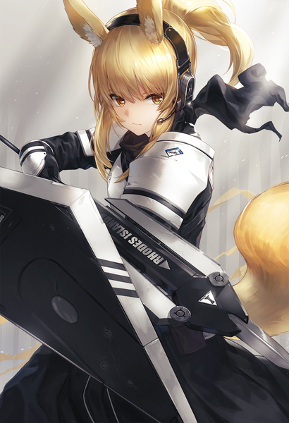Anime picture 734x1074 with arknights nearl (arknights) kfr single long hair tall image looking at viewer fringe blonde hair hair between eyes holding animal ears yellow eyes payot ponytail tail animal tail sunlight fox ears light