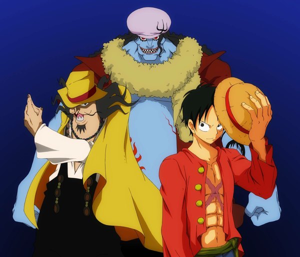Anime picture 2100x1800 with one piece toei animation monkey d. luffy hody jones vander decken ix long hair looking at viewer highres short hair open mouth black hair smile red eyes open clothes teeth open shirt scar muscle sharp teeth boy