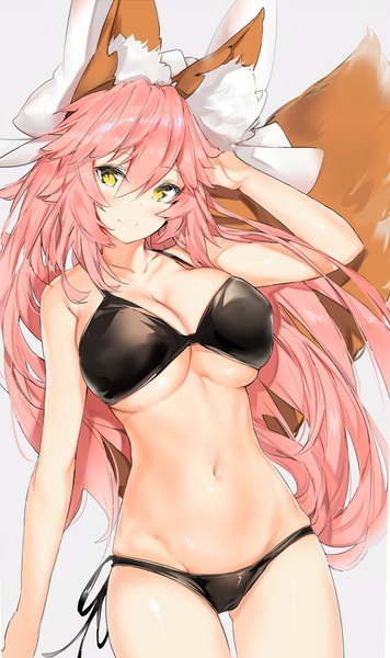 Anime picture 860x1450 with fate (series) fate/grand order fate/extra tamamo (fate) (all) tamamo no mae (fate) silver (chenwen) single long hair tall image looking at viewer blush fringe breasts light erotic simple background smile hair between eyes large breasts standing bare shoulders