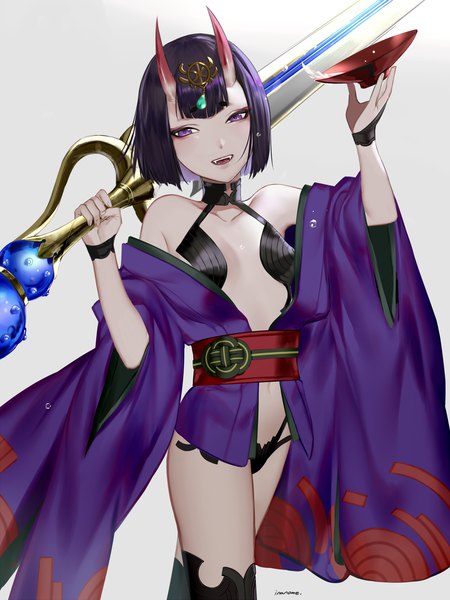 Anime-Bild 1125x1500 mit fate (series) fate/grand order shuten douji (fate) inanome me single tall image looking at viewer fringe short hair open mouth light erotic simple background purple eyes purple hair traditional clothes japanese clothes horn (horns) grey background oni horns oni