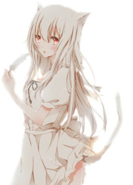 Anime picture 616x856 with original hiro (hirohiro31) single long hair tall image blush open mouth simple background red eyes white background animal ears white hair tail animal tail cat ears cat girl cat tail girl dress food