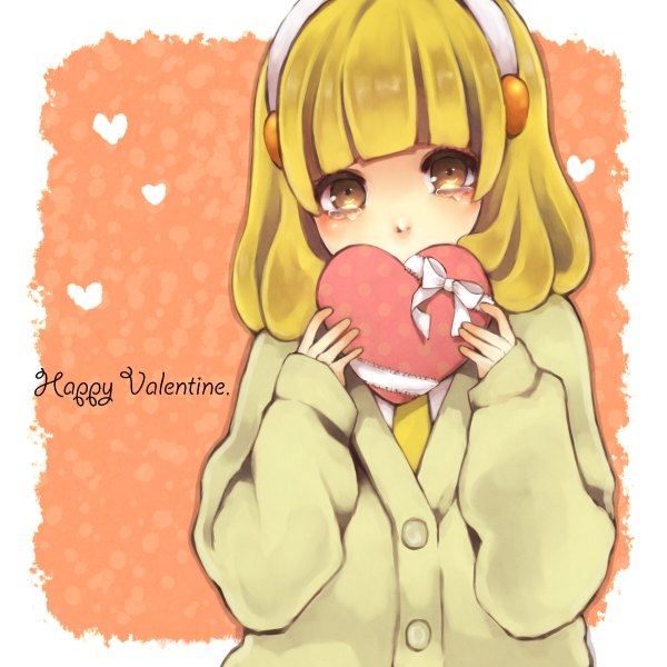 Anime picture 1200x1200 with precure smile precure! kise yayoi tagme (artist) single blush short hair blonde hair holding yellow eyes inscription tears framed valentine girl heart sweater