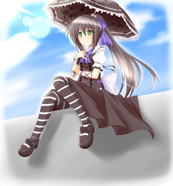 Anime picture 2800x3000 with original shinigami (tukiyomiikuto) single long hair tall image blush highres black hair green eyes sky ponytail gothic girl thighhighs bow hair bow shoes umbrella striped thighhighs