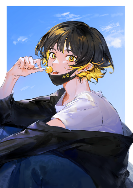 Anime picture 2150x3035 with blue lock bachira meguru mm39572 single tall image highres short hair black hair blonde hair sitting yellow eyes sky multicolored hair two-tone hair border colored inner hair outside border mask pull boy food