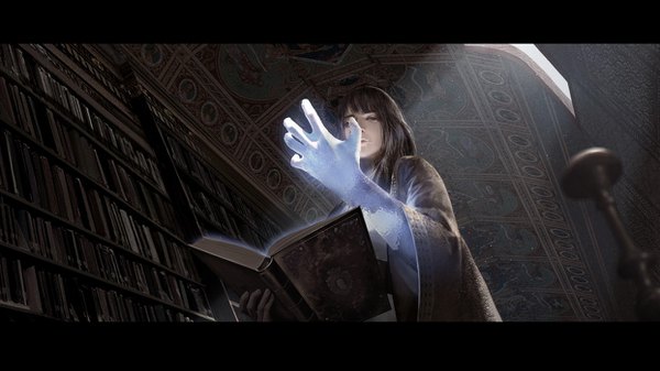 Anime picture 1244x700 with original lightofheaven single long hair looking at viewer fringe brown hair wide image holding brown eyes indoors sunlight realistic from below magic glowing letterboxed girl book (books) cloak