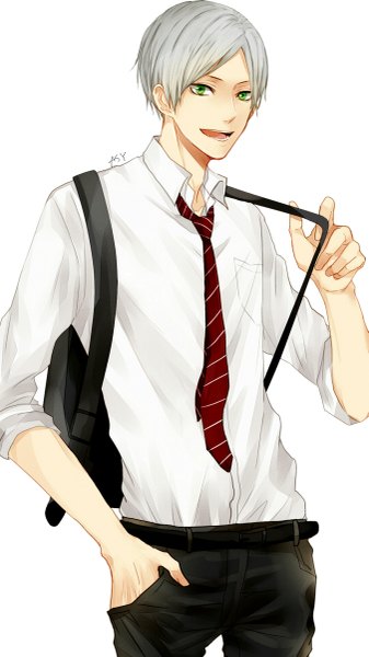 Anime picture 675x1200 with haikyuu!! production i.g haiba lev asatani (artist) single tall image looking at viewer short hair open mouth simple background smile standing white background green eyes grey hair open collar hand in pocket twisty sleeves boy uniform