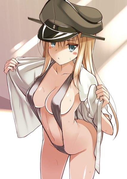 Anime-Bild 1280x1800 mit kantai collection bismarck battleship oota yuuichi single long hair tall image looking at viewer blush fringe breasts blue eyes light erotic simple background blonde hair large breasts open clothes bare belly grey eyes open shirt spread arms