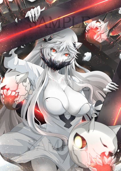 Anime picture 1000x1414 with kantai collection midway hime endou (zettai bluenoid) single long hair tall image looking at viewer fringe breasts light erotic red eyes large breasts cleavage white hair fingernails glowing glowing eye (eyes) shinkaisei-kan girl dress