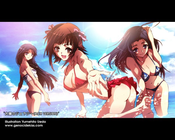 Anime picture 1280x1024 with idolmaster kisaragi chihaya amami haruka miura azusa ueda yumehito long hair looking at viewer blush fringe short hair breasts open mouth light erotic black hair smile brown hair large breasts multiple girls brown eyes signed