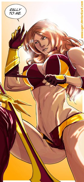 Anime picture 1024x2202 with league of legends leona (league of legends) uger single long hair tall image breasts light erotic large breasts orange hair bare belly midriff orange eyes girl gloves navel