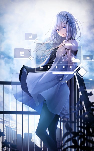 Anime picture 1250x2000 with original yoaferia single long hair tall image looking at viewer fringe open mouth blue eyes hair between eyes standing bare shoulders bent knee (knees) outdoors braid (braids) head tilt arm up wind grey hair lipstick