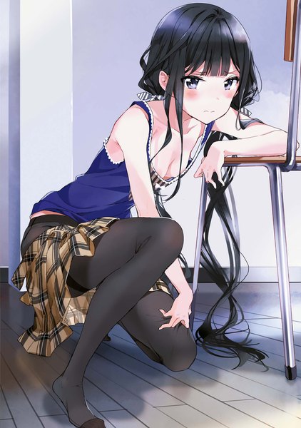 Anime picture 1352x1920 with masamune-kun no revenge silver link adagaki aki tiv single tall image looking at viewer blush fringe breasts blue eyes light erotic black hair twintails cleavage full body indoors very long hair pleated skirt arm support
