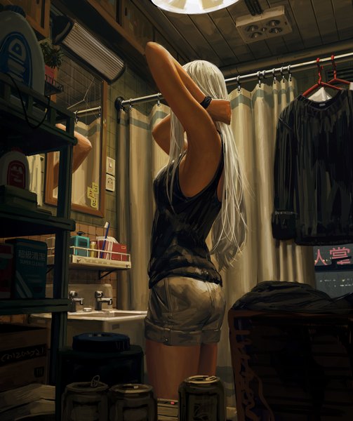 Anime-Bild 3437x4096 mit original guweiz single long hair tall image highres standing absurdres white hair indoors realistic arms up girl shorts short shorts curtains clothes mirror tank top white shorts