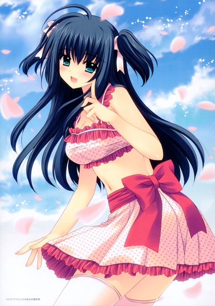 Anime picture 4923x7005 with shuffle! yae sakura (shuffle!) nishimata aoi single long hair tall image looking at viewer blush highres open mouth blue eyes light erotic smile twintails blue hair absurdres sky cloud (clouds) scan zettai ryouiki