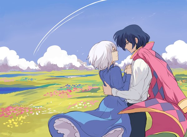 Anime picture 4575x3375 with howl's moving castle studio ghibli howl sophie hatter pancake-waddle fringe highres short hair smile blue hair absurdres sky silver hair cloud (clouds) profile couple hug face to face eye contact field