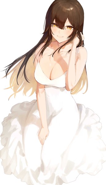 Anime picture 4602x8032 with original rororo single long hair tall image looking at viewer blush fringe highres breasts light erotic simple background smile hair between eyes brown hair large breasts white background sitting brown eyes absurdres
