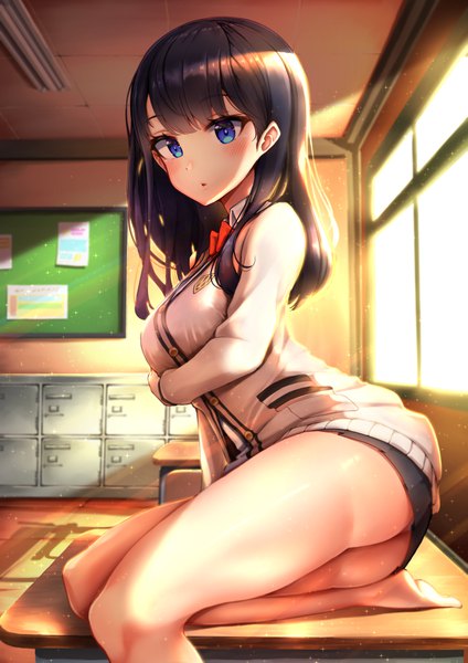 Anime picture 2894x4093 with gridman universe ssss.gridman studio trigger takarada rikka gui ss single long hair tall image looking at viewer blush fringe highres breasts blue eyes light erotic black hair sitting ass indoors blunt bangs