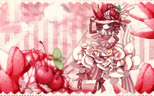 Anime picture 1600x1000 with original pd-x single long hair fringe smile wide image pink hair pink eyes hair over one eye zoom layer girl dress gloves bow hat elbow gloves food star (symbol) fruit