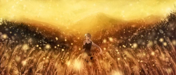 Anime picture 1960x840 with natsume yuujinchou brains base (studio) natsume takashi madara (nyanko-sensei) bounin single highres short hair blonde hair wide image landscape field boy animal scarf cat coat