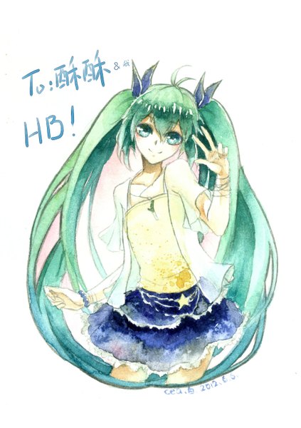 Anime picture 1000x1417 with vocaloid hatsune miku cea single long hair tall image looking at viewer blush blue eyes simple background smile white background twintails signed ahoge green hair inscription victory happy birthday traditional media