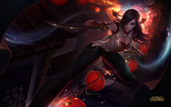 Anime picture 1920x1200 with league of legends katarina (league of legends) tagme (artist) single long hair fringe highres breasts black hair holding lips hair over one eye night copyright name scar fighting stance dual wielding fireworks girl weapon