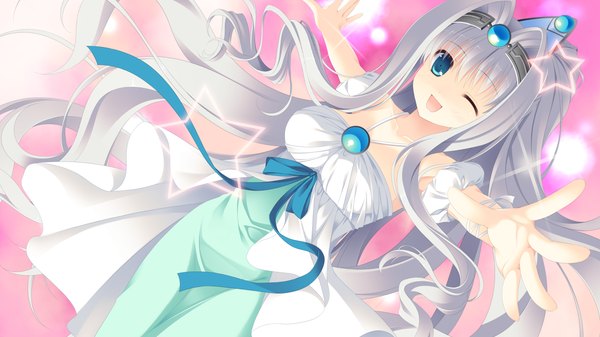 Anime picture 1280x720 with magical dears diana lanford single long hair looking at viewer open mouth blue eyes wide image game cg silver hair one eye closed wink spread arms girl dress hair ornament star (symbol)