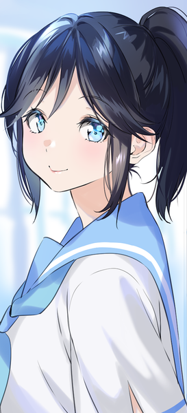 Anime picture 554x1215 with hibike! euphonium kyoto animation kasaki nozomi mery (yangmalgage) single tall image looking at viewer blush fringe short hair blue eyes black hair smile payot upper body ponytail depth of field girl uniform serafuku