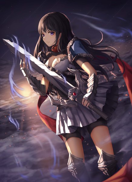 Anime picture 2400x3300 with original gya (144) single long hair tall image looking at viewer fringe highres breasts black hair hair between eyes standing purple eyes holding payot cleavage cloud (clouds) pleated skirt night dutch angle