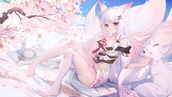 Anime picture 5332x3000 with original somna single long hair looking at viewer blush fringe highres breasts red eyes wide image large breasts sitting bare shoulders holding animal ears absurdres sky cleavage silver hair