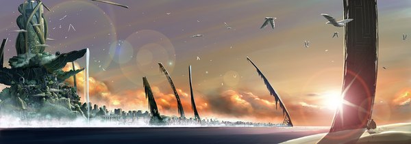 Anime picture 1900x670 with original akenosuisei (artist) highres wide image cloud (clouds) city evening sunset landscape fantasy waterfall panorama overgrown animal water bird (birds) dragon