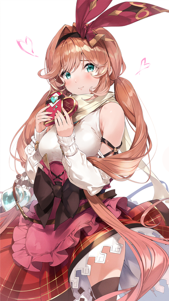 Anime picture 1150x2046 with granblue fantasy clarisse (granblue fantasy) nezumidoshi single tall image blush fringe simple background brown hair standing white background twintails looking away very long hair aqua eyes low twintails valentine girl ribbon (ribbons) hair ribbon