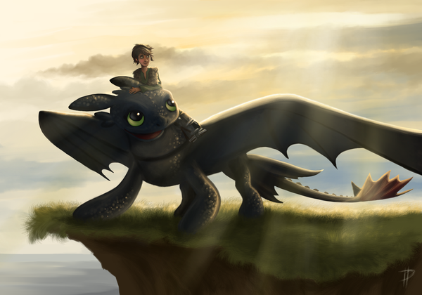 イラスト 1920x1344 と how to train your dragon dreamworks toothless hiccup horrendous haddock iii rom-art highres 短い髪 開いた口 笑顔 茶色の髪 signed 獣耳 黄色眼 looking away 空 cloud (clouds) 尻尾 animal tail sunlight black wings