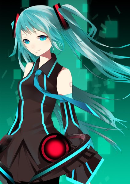 Anime picture 1300x1839 with vocaloid hatsune miku tate (donnguriumai) single long hair tall image smile twintails bare shoulders aqua eyes aqua hair girl detached sleeves necktie