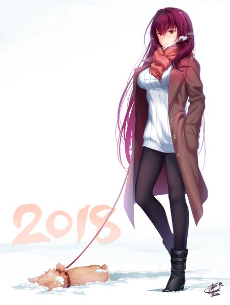 Anime picture 1523x2018 with fate (series) fate/grand order scathach (fate) (all) scathach (fate) okitakung single long hair tall image blush fringe breasts simple background hair between eyes red eyes standing white background signed looking away purple hair full body