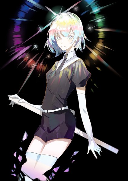 Anime picture 2480x3507 with houseki no kuni diamond (houseki no kuni) sumery single tall image looking at viewer highres short hair simple background smile silver hair sparkle puffy sleeves black background silver eyes androgynous thighhighs gloves uniform weapon